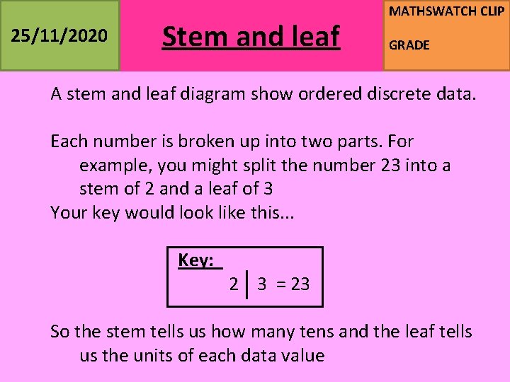 25/11/2020 Stem and leaf MATHSWATCH CLIP GRADE A stem and leaf diagram show ordered