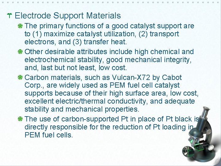 Electrode Support Materials The primary functions of a good catalyst support are to (1)