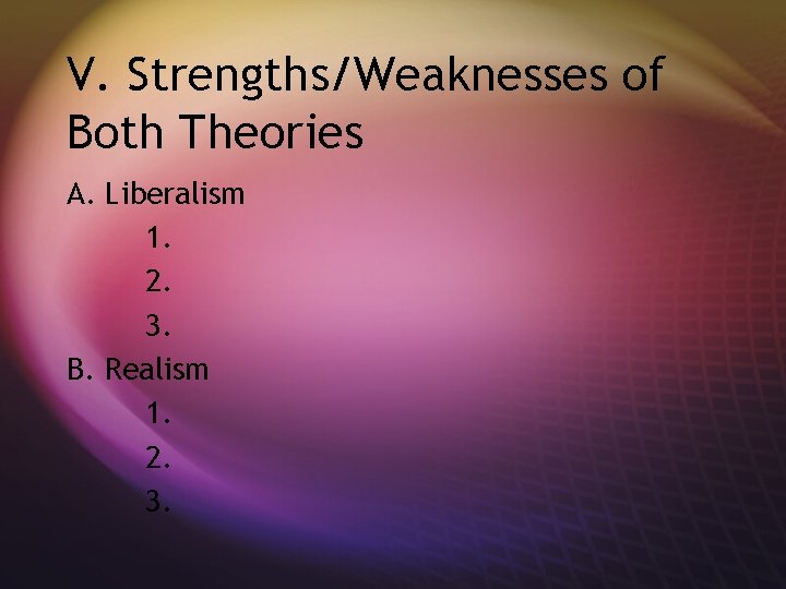 V. Strengths/Weaknesses of Both Theories A. Liberalism 1. 2. 3. B. Realism 1. 2.