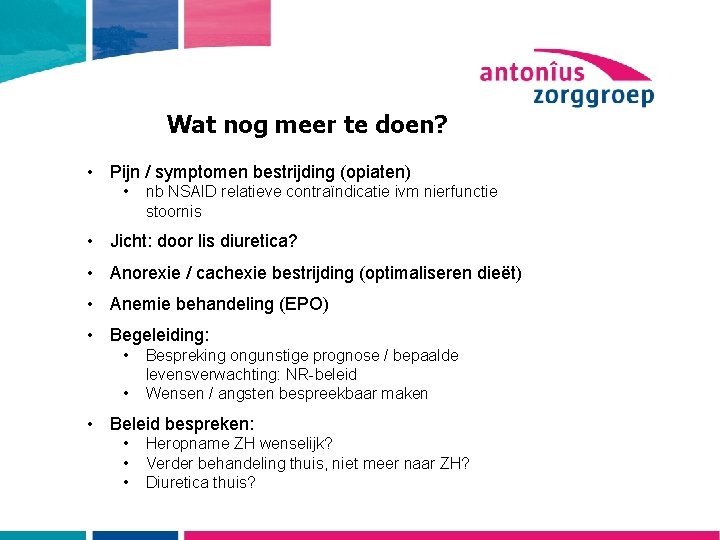 Wat nog meer te doen? • Pijn / symptomen bestrijding (opiaten) • nb NSAID