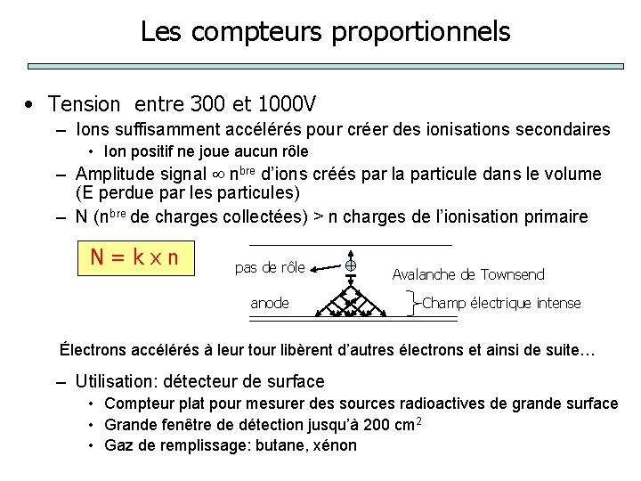 Les compteurs proportionnels • Tension entre 300 et 1000 V – Ions suffisamment accélérés