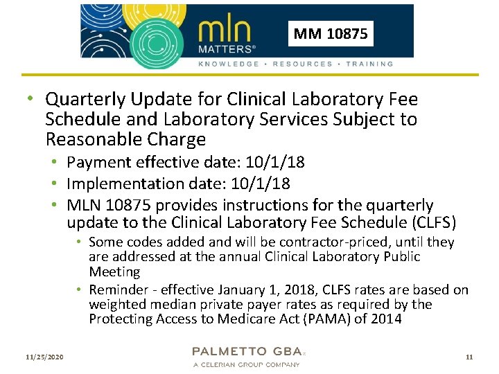 MM 10875 • Quarterly Update for Clinical Laboratory Fee Schedule and Laboratory Services Subject