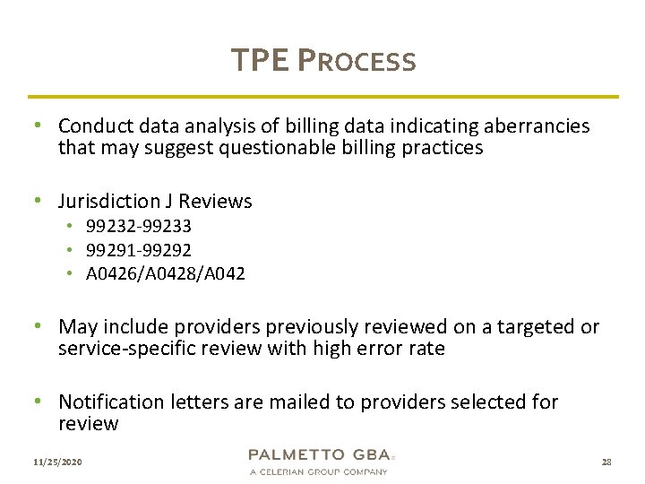 TPE PROCESS • Conduct data analysis of billing data indicating aberrancies that may suggest