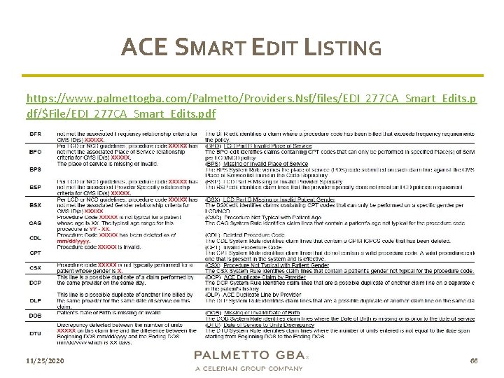 ACE SMART EDIT LISTING https: //www. palmettogba. com/Palmetto/Providers. Nsf/files/EDI_277 CA_Smart_Edits. p df/$File/EDI_277 CA_Smart_Edits. pdf