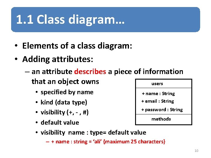 1. 1 Class diagram… • Elements of a class diagram: • Adding attributes: –