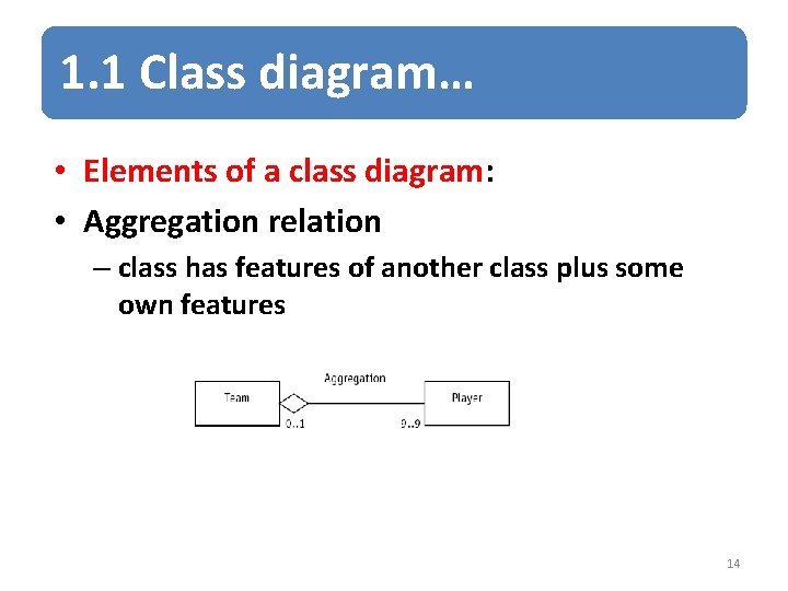 1. 1 Class diagram… • Elements of a class diagram: • Aggregation relation –