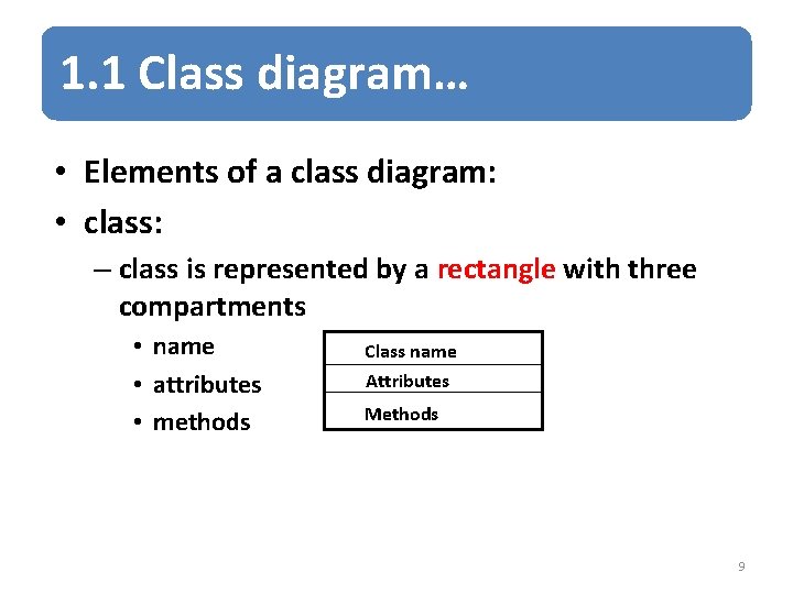 1. 1 Class diagram… • Elements of a class diagram: • class: – class