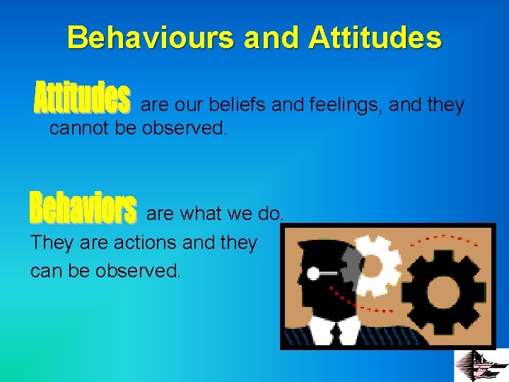 Behaviours and Attitudes are our beliefs and feelings, and they cannot be observed. are