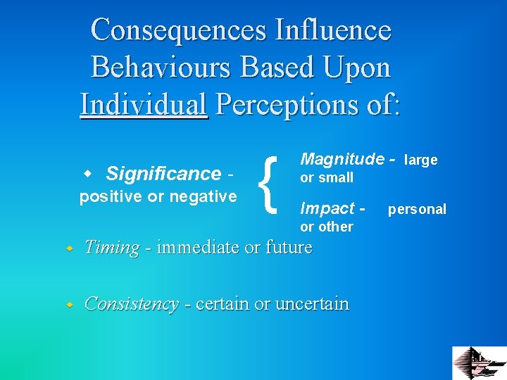 Consequences Influence Behaviours Based Upon Individual Perceptions of: w Significance positive or negative {