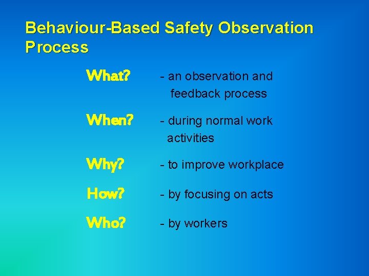 Behaviour-Based Safety Observation Process What? - an observation and feedback process When? - during