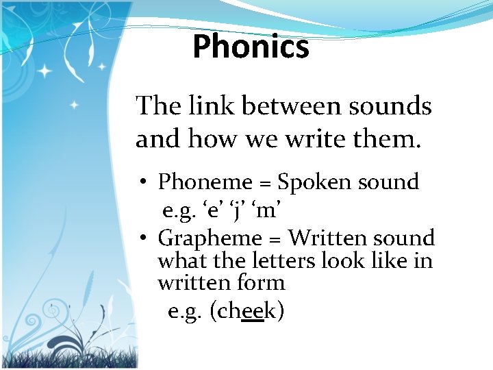 Phonics The link between sounds and how we write them. • Phoneme = Spoken