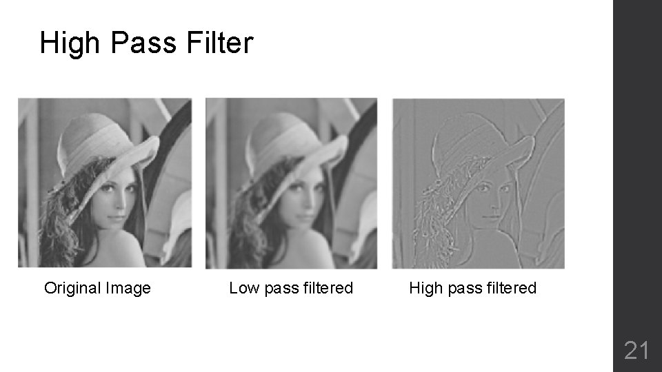High Pass Filter Original Image Low pass filtered High pass filtered 21 
