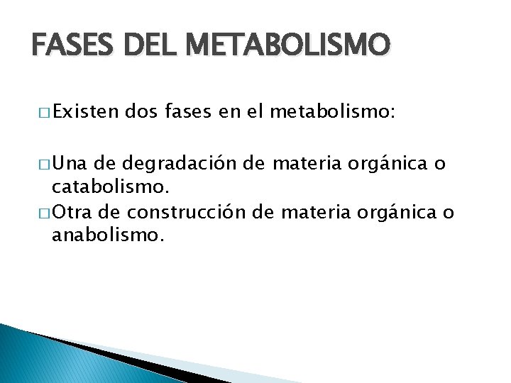 FASES DEL METABOLISMO � Existen � Una dos fases en el metabolismo: de degradación
