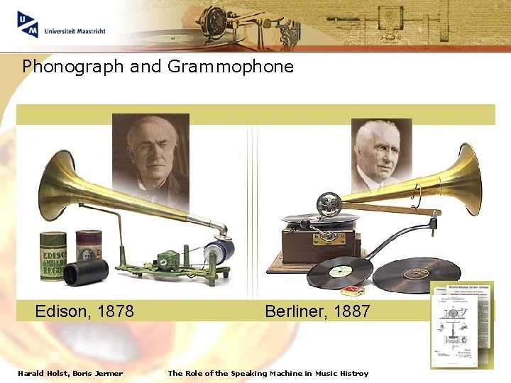 Phonograph and Grammophone Edison, 1878 Harald Holst, Boris Jermer Berliner, 1887 The Role of