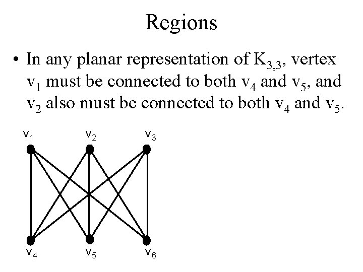 Regions • In any planar representation of K 3, 3, vertex v 1 must