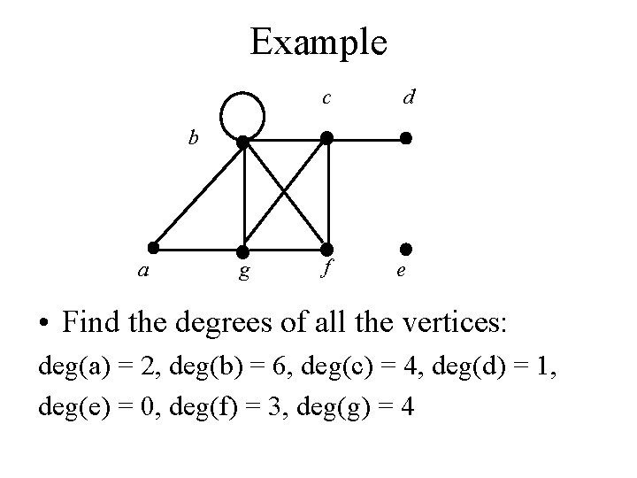 Example c d b a g f e • Find the degrees of all