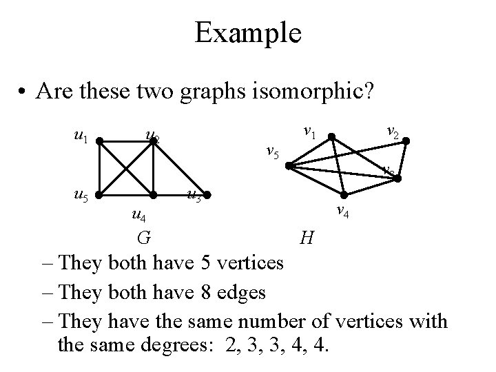 Example • Are these two graphs isomorphic? u 1 u 5 u 2 u