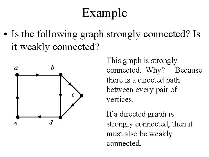 Example • Is the following graph strongly connected? Is it weakly connected? a b