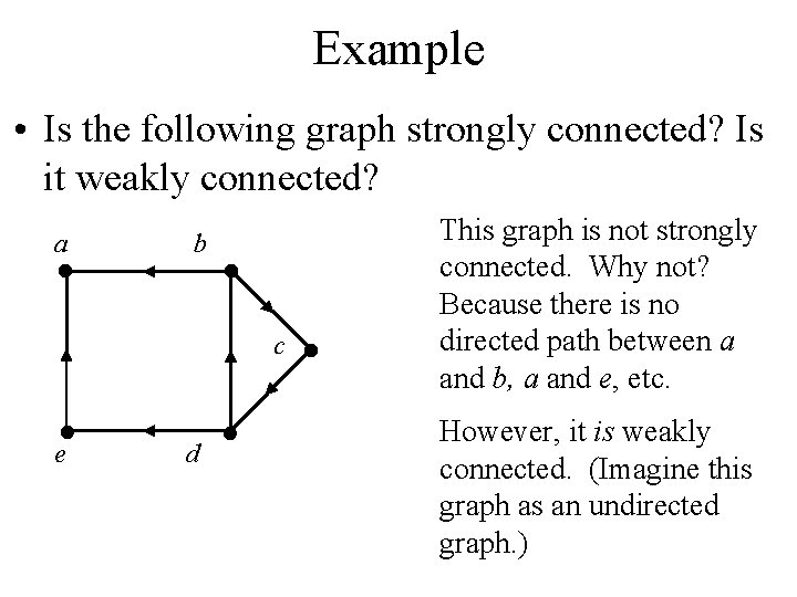 Example • Is the following graph strongly connected? Is it weakly connected? a b