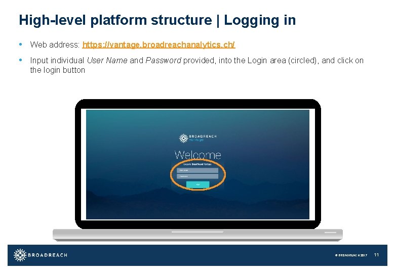 High-level platform structure | Logging in • Web address: https: //vantage. broadreachanalytics. ch/ •