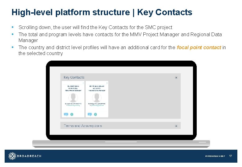 High-level platform structure | Key Contacts • Scrolling down, the user will find the