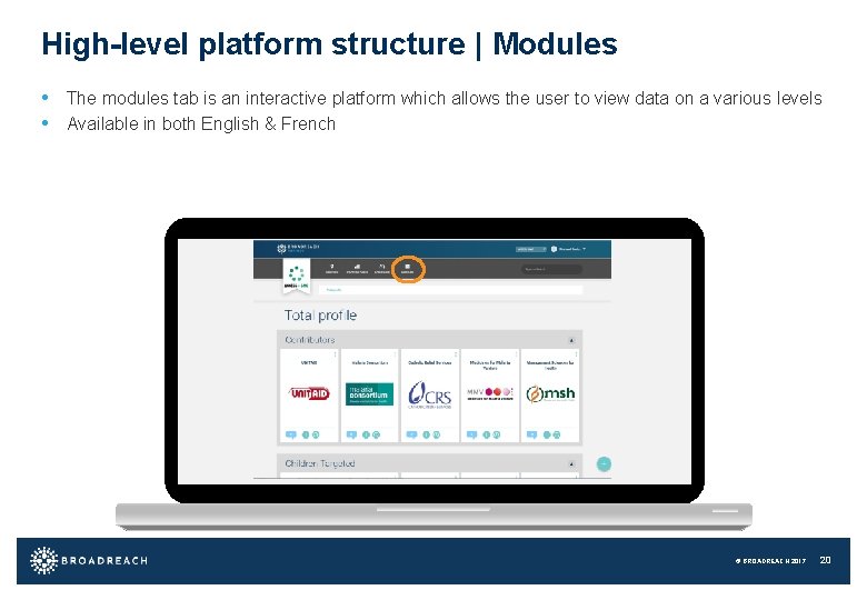 High-level platform structure | Modules • The modules tab is an interactive platform which