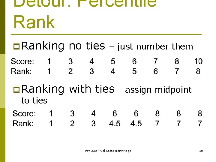 Detour: Percentile Rank p Ranking no ties p Ranking to ties with ties –