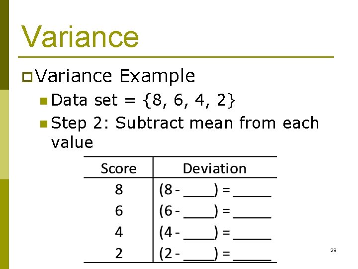 Variance p Variance Example n Data set = {8, 6, 4, 2} n Step