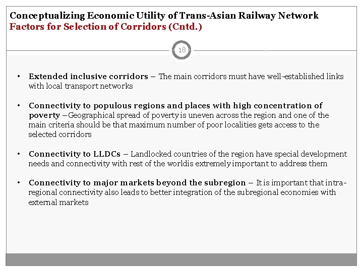 Conceptualizing Economic Utility of Trans-Asian Railway Network Factors for Selection of Corridors (Cntd. )