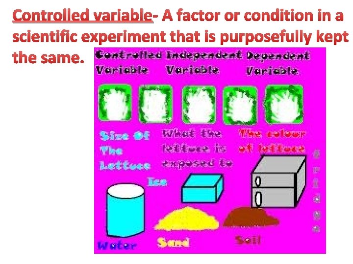 Controlled variable- A factor or condition in a scientific experiment that is purposefully kept