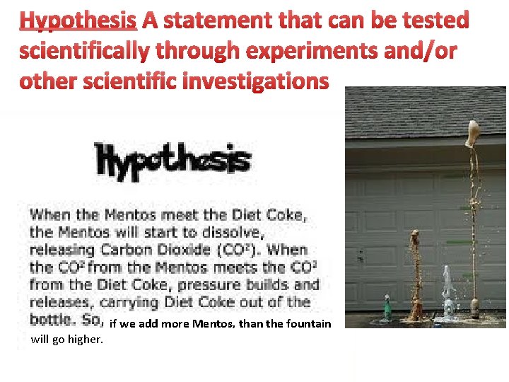Hypothesis A statement that can be tested scientifically through experiments and/or other scientific investigations