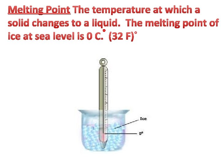 Melting Point The temperature at which a solid changes to a liquid. The melting