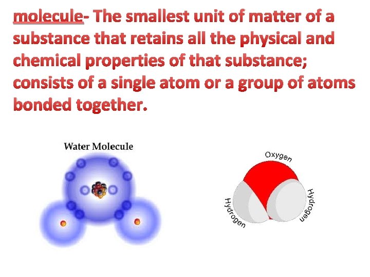 molecule- The smallest unit of matter of a substance that retains all the physical