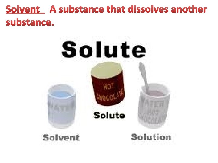 Solvent A substance that dissolves another substance. 