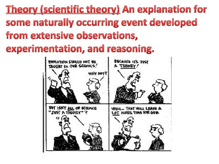 Theory (scientific theory) An explanation for some naturally occurring event developed from extensive observations,