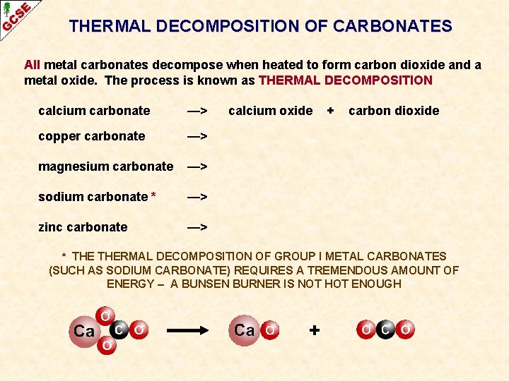 THERMAL DECOMPOSITION OF CARBONATES All metal carbonates decompose when heated to form carbon dioxide