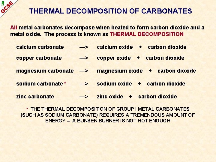 THERMAL DECOMPOSITION OF CARBONATES All metal carbonates decompose when heated to form carbon dioxide