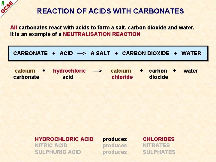 REACTION OF ACIDS WITH CARBONATES All carbonates react with acids to form a salt,