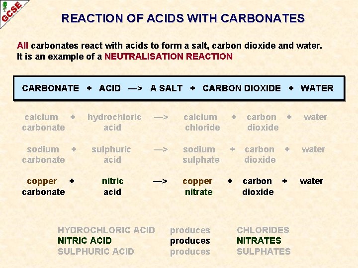 REACTION OF ACIDS WITH CARBONATES All carbonates react with acids to form a salt,