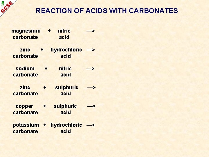 REACTION OF ACIDS WITH CARBONATES magnesium carbonate + zinc + carbonate nitric acid —>