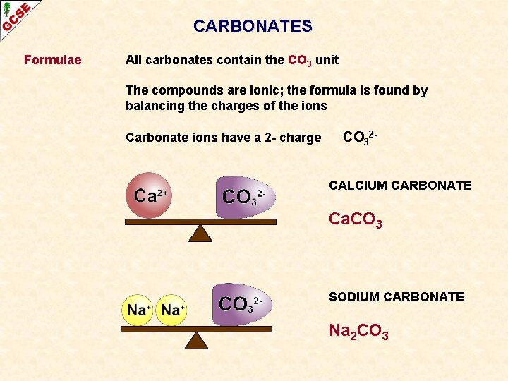 CARBONATES Formulae All carbonates contain the CO 3 unit The compounds are ionic; the