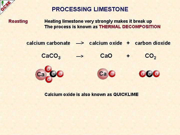 PROCESSING LIMESTONE Roasting Heating limestone very strongly makes it break up The process is