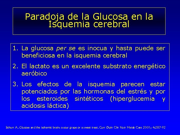Paradoja de la Glucosa en la Isquemia cerebral 1. La glucosa per se es