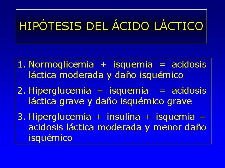 HIPÓTESIS DEL ÁCIDO LÁCTICO 1. Normoglicemia + isquemia = acidosis láctica moderada y daño