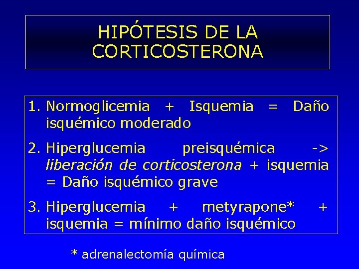 HIPÓTESIS DE LA CORTICOSTERONA 1. Normoglicemia + Isquemia = Daño isquémico moderado 2. Hiperglucemia