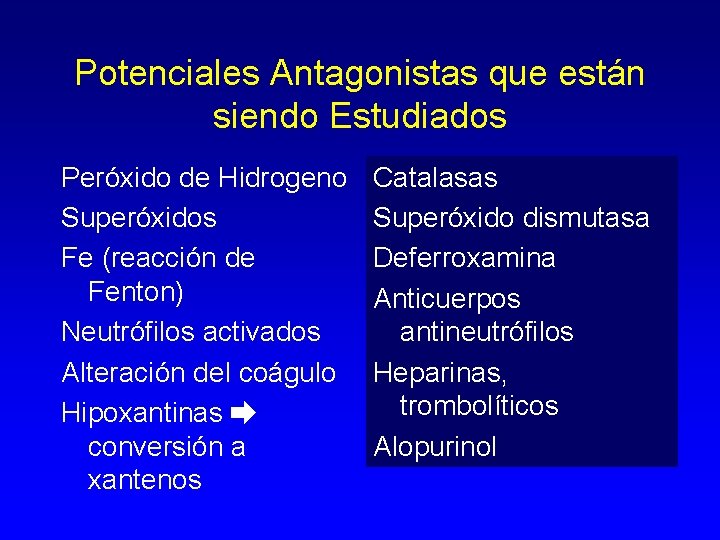 Potenciales Antagonistas que están siendo Estudiados Peróxido de Hidrogeno Superóxidos Fe (reacción de Fenton)