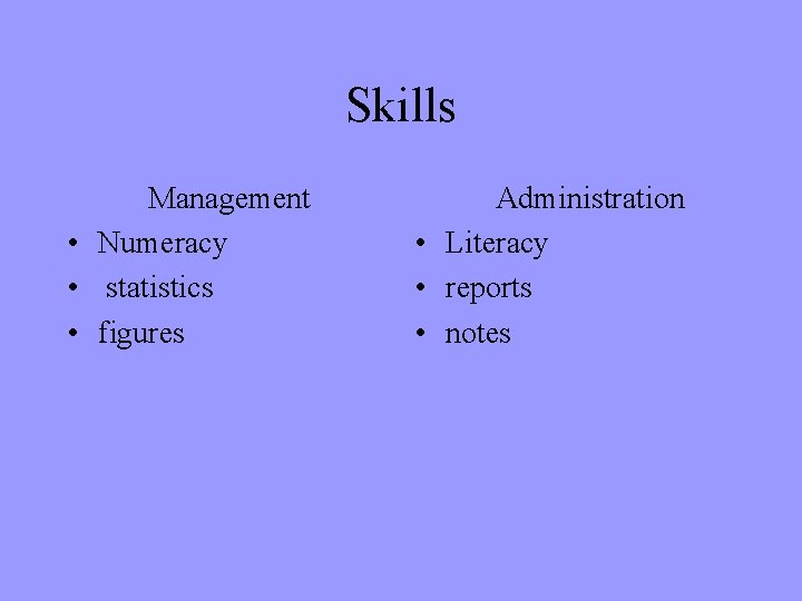 Skills Management • Numeracy • statistics • figures Administration • Literacy • reports •