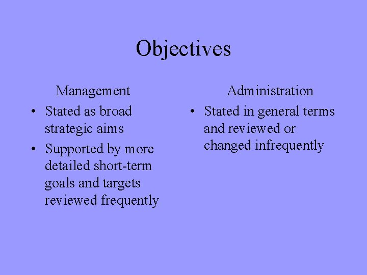 Objectives Management • Stated as broad strategic aims • Supported by more detailed short-term