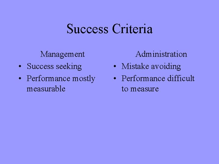 Success Criteria Management • Success seeking • Performance mostly measurable Administration • Mistake avoiding