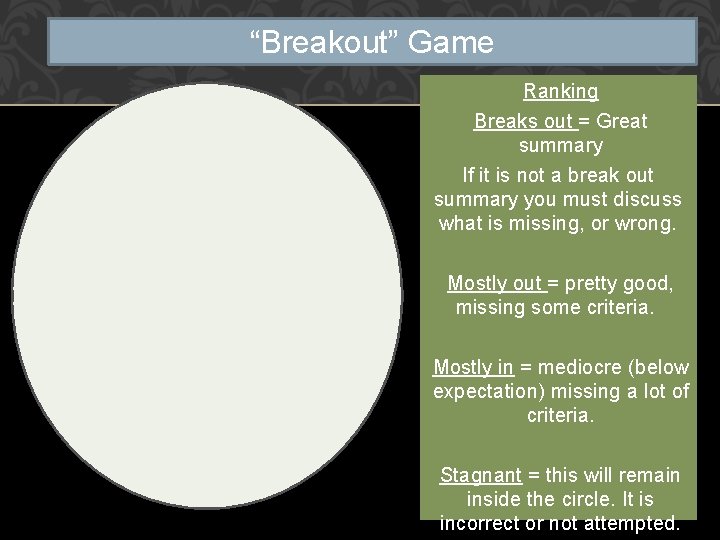 “Breakout” Game Ranking Breaks out = Great summary If it is not a break